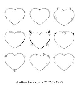 Set Abstract Collection Hand Drawn Frame Heart With Plants Doodle 14 February Holiday Concept Vector Design Outline Style On White Background Isolated Letter, Message, Mail, Cards, Posters