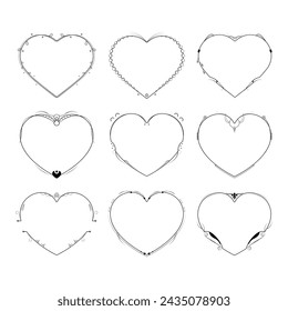 Set Abstract Collection Hand Drawn Frame Heart With Plants Doodle 14 February Holiday Concept Vector Design Outline Style On White Background Isolated Letter, Message, Mail, Cards, Posters