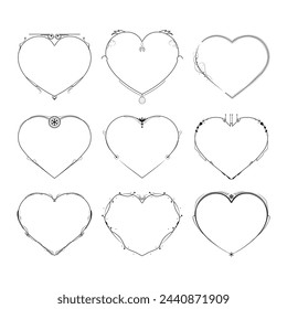 Set Abstract Collection Hand Drawn Frame Heart With Plants Doodle 14 February Holiday Concept Vector Design Outline Style On White Background Isolated Letter, Message, Mail, Cards, Posters
