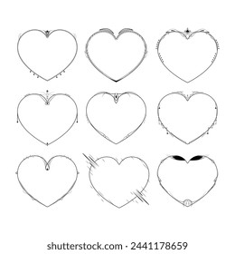 Conjunto Colección Abstracta Dibujado A Mano Marco Corazón Con Plantas Doodle 14 De Febrero Concepto De Vacaciones Diseño Vectorial Esquema Estilo Sobre Fondo Blanco Carta Aislada, Mensaje, Correo, Tarjetas, Pósters