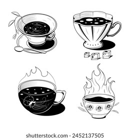 Set Abstract Collection Hand Drawn Kitchen Stuff A Cup Of Tea Doodle Concept Vector Design Outline Style On White Background Isolated For Cooking