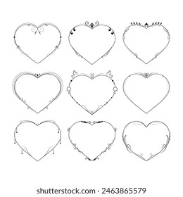 Set Abstract Collection Hand Drawn Frame Heart With Plants Doodle 14 February Holiday Concept Vector Design Outline Style On White Background Isolated Letter, Message, Mail, Cards, Posters