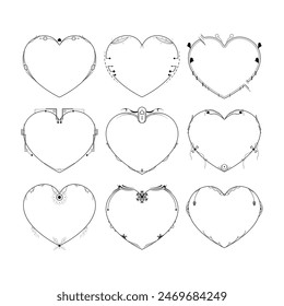 Set Abstract Collection Hand Drawn Frame Heart With Plants Doodle 14 February Holiday Concept Vector Design Outline Style On White Background Isolated Letter, Message, Mail, Cards, Posters