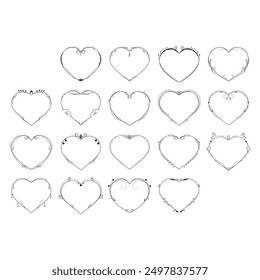 Set Abstract Collection Hand Drawn Frame Heart With Plants Doodle 14 February Holiday Concept Vector Design Outline Style On White Background Isolated Letter, Message, Mail, Cards, Posters
