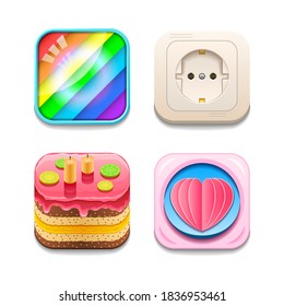 Set Abstract Collection Icons Symbols Signs Heart Cake Socket Rainbow Shadow Logotype Vector Design Style