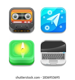 Set Abstract Collection Icons Symbols Signs Candle Airplane Cassette Laptop Shadow Logotype Vector Design Style