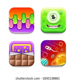 Set Abstract Collection Icons Symbols Signs Monster Animal Chocolate Sweet Drop Melt Spaceship Planet Shadow Logotype Vector Design Style