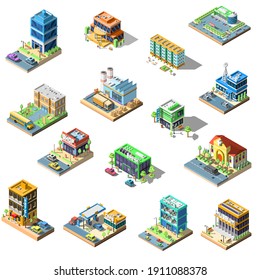 Set Abstract Collection Isometric 3D City Buildings Town Urban Vector Design Style