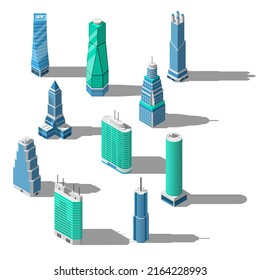 Set Abstract Collection Isometric 3D Skyscraper Building City Town Vector Design Style Urban Architecture
