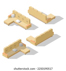 Set Abstract Collection Isometric 3D Furniture Sofa Equipment Appliances Element With Pillows Vector Design Style