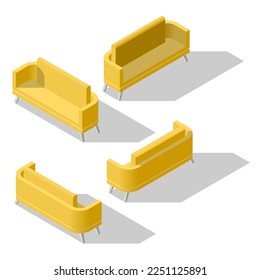 Set Abstract Collection Isometric 3D Furniture Sofa Equipment Appliances Element With Pillows Vector Design Style