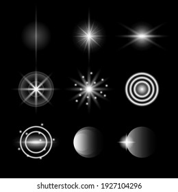 Set Abstract Collection Lights Spotlight Glow Light Flare Shine Flashes On A Dark Background Vector Design Style