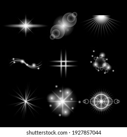 Set Abstract Collection Lights Spotlight Glow Light Flare Shine Flashes On A Dark Background Vector Design Style