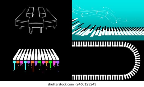 Set Abstract Collection Piano Keys Music Keyboard Instrument With Plants Brunch Botanical Doodle Outline Melt Song Melody Vector Design Style