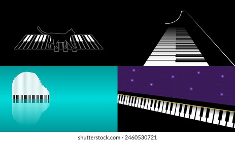 Set Abstract Collection Piano Keys Music Keyboard Instrument With Plants Brunch Botanical Doodle Outline Melt Song Melody Vector Design Style