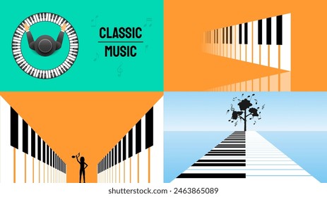 Set Abstract Collection Piano Keys Music Keyboard Instrument With Plants Brunch Botanical Doodle Outline Melt Song Melody Vector Design Style