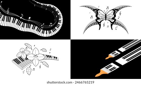 Set Abstract Collection Piano Keys Music Keyboard Instrument With Plants Brunch Botanical Doodle Outline Melt Song Melody Vector Design Style