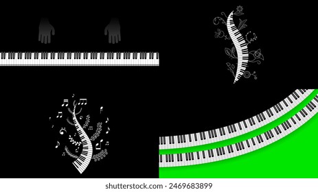 Set Abstract Collection Piano Keys Music Keyboard Instrument With Plants Brunch Botanical Doodle Outline Melt Song Melody Vector Design Style