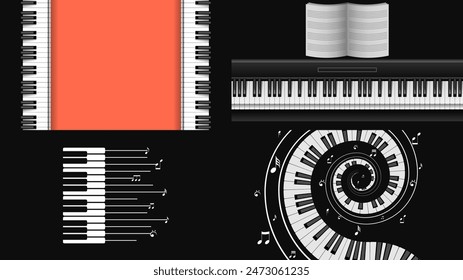 Set Abstract Collection Piano Keys Music Keyboard Instrument With Plants Brunch Botanical Doodle Outline Melt Song Melody Vector Design Style