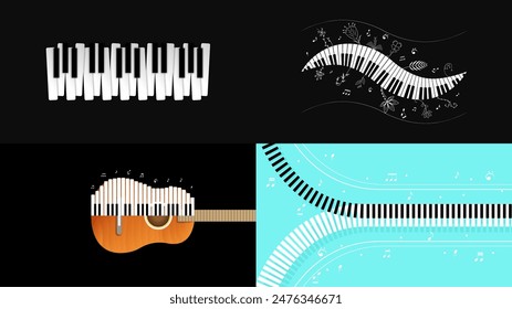 Set Abstract Collection Piano Keys Music Keyboard Instrument With Plants Brunch Botanical Doodle Outline Melt Song Melody Vector Design Style