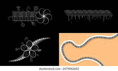 Set Abstract Collection Piano Keys Music Keyboard Instrument With Plants Brunch Botanical Doodle Outline Melt Song Melody Vector Design Style