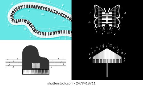 Set Abstract Collection Piano Keys Music Keyboard Instrument With Plants Brunch Botanical Doodle Outline Melt Song Melody Vector Design Style