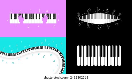 Set Abstract Collection Piano Keys Music Keyboard Instrument With Plants Brunch Botanical Doodle Outline Melt Song Melody Vector Design Style