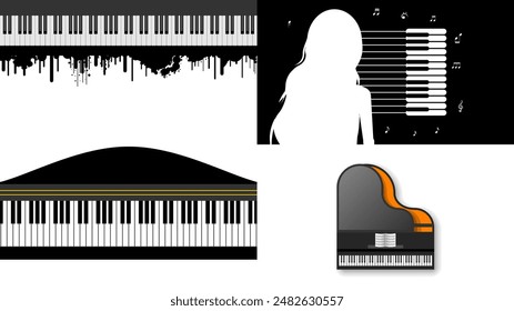 Set Abstract Collection Piano Keys Music Keyboard Instrument With Plants Brunch Botanical Doodle Outline Melt Song Melody Vector Design Style