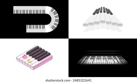 Set Abstract Collection Piano Keys Music Keyboard Instrument With Plants Brunch Botanical Doodle Outline Melt Song Melody Vector Design Style