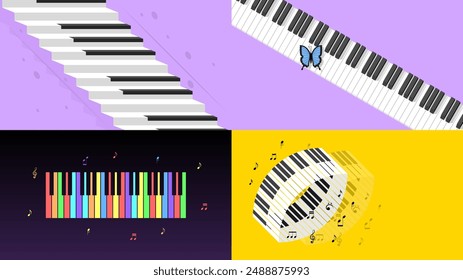 Set Abstract Collection Piano Keys Music Keyboard Instrument With Plants Brunch Botanical Doodle Outline Melt Song Melody Vector Design Style