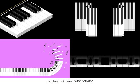 Set Abstract Collection Piano Keys Music Keyboard Instrument With Plants Brunch Botanical Doodle Outline Melt Song Melody Vector Design Style