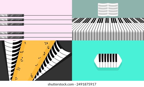 Set Abstract Collection Piano Keys Music Keyboard Instrument With Plants Brunch Botanical Doodle Outline Melt Song Melody Vector Design Style