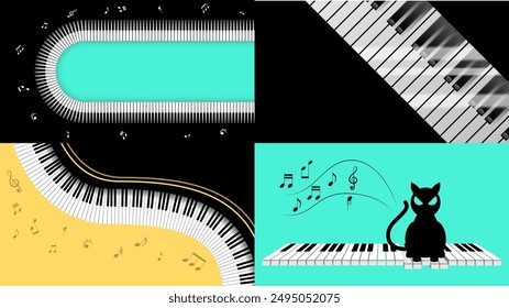 Set Abstract Collection Piano Keys Music Keyboard Instrument With Plants Brunch Botanical Doodle Outline Melt Song Melody Vector Design Style