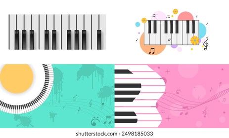 Set Abstract Collection Piano Keys Music Keyboard Instrument With Plants Brunch Botanical Doodle Outline Melt Song Melody Vector Design Style