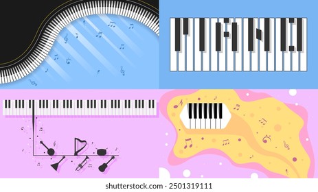 Set Abstract Collection Piano Keys Music Keyboard Instrument With Plants Brunch Botanical Doodle Outline Melt Song Melody Vector Design Style