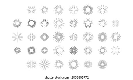 Set Abstract Collection Round Circles Starburst Sunburst Sunset Black Line Doodle Design Elements Bursting Rays Sunrise Shine Light Radiant Sparkles Vector Design Style