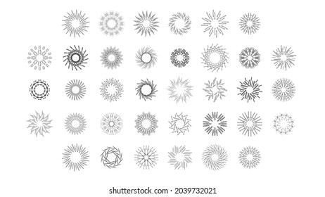 Set Abstract Collection Round Circles Starburst Sunburst Sunset Black Line Doodle Design Elements Bursting Rays Sunrise Shine Light Radiant Sparkles Vector Design Style