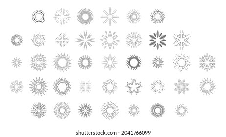 Set Abstrakte Kollektionsrundkreise Starburst Sunburst Sunset Black Line Doodle Design Elemente Burgen Sonnenstrahlen Shine Light Radiant Falten Vektordesign Stil