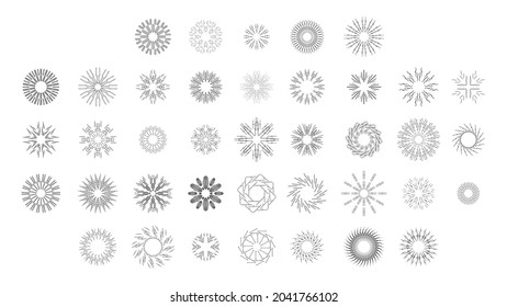 Set Resumen Colección Circulos redondos Starburst Sunburst Black Line Doodle Elementos de diseño Rayos de ráfaga Sunrise Light Radiante Sparkles Vector Estilo de diseño