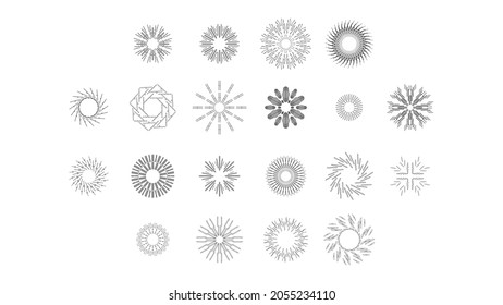 Set Abstract Collection Round Circles Starburst Sunburst Sunset Black Line Doodle Design Elements Bursting Rays Sunrise Shine Light Radiant Sparkles Vector Design Style