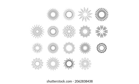 Set Abstrakte Kollektionsrundkreise Starburst Sunburst Sunset Black Line Doodle Design Elemente Burgen Sonnenstrahlen Shine Light Radiant Falten Vektordesign Stil