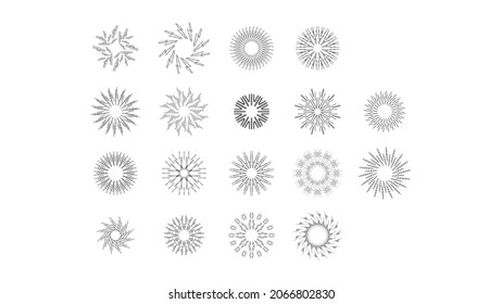 Set Abstract Collection Round Circles Starburst Sunburst Sunset Black Line Doodle Design Elements Bursting Rays Sunrise Shine Light Radiant Sparkles Vector Design Style