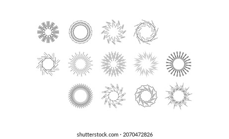Set Abstract Collection Round Circles Starburst Sunburst Sunset Black Line Doodle Design Elements Bursting Rays Sunrise Shine Light Radiant Sparkles Vector Design Style