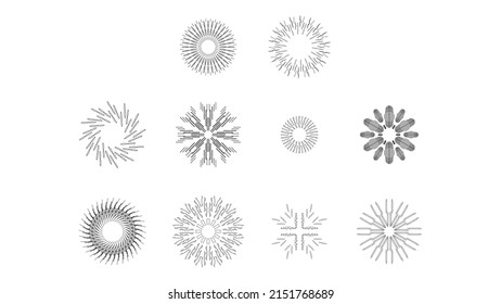 Set Resumen Colección Circulos redondos Starburst Sunburst Black Line Doodle Elementos de diseño Rayos de ráfaga Sunrise Light Radiante Sparkles Vector Estilo de diseño