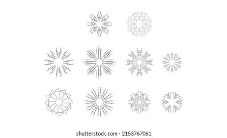 Set Resumen Colección Circulos redondos Starburst Sunburst Black Line Doodle Elementos de diseño Rayos de ráfaga Sunrise Light Radiante Sparkles Vector Estilo de diseño