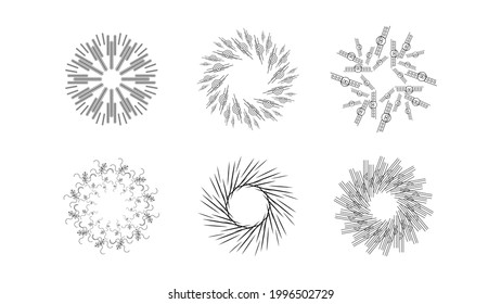 Set Abstract Collection Starburst Sunburst Sunset Black Line Doodle Design Elements Bursting Rays Sunrise Light Radiant Spark Vector Design Style