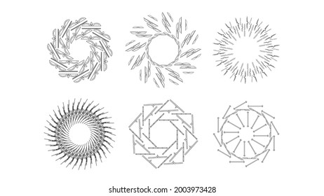 Set Abstract Collection Starburst Sunburst Sunset Black Line Doodle Design Elements Bursting Rays Sunrise Light Radiant Spark Vector Design Style