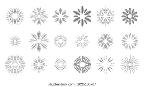 Set Abstract Collection Starburst Sunburst Sunset Black Line Doodle Design Elements Bursting Rays Sunrise Light Radiant Spark Vector Design Style
