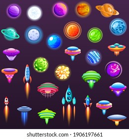 Set Abstract Collection Unidentified Flying Object Alien Ufo Planets SpaceShip Logo Vector Icon Symbol