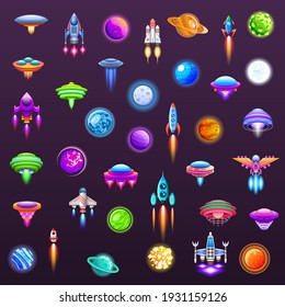 Set Abstract Collection Unidentified Flying Object Alien Ufo Planets SpaceShip Logo Vector Icon Symbol